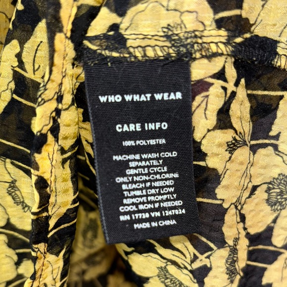 Who What Wear Floral Blouse Top Yellow Black Short‎ Sleeve Smocked Waist Small - Picture 7 of 7
